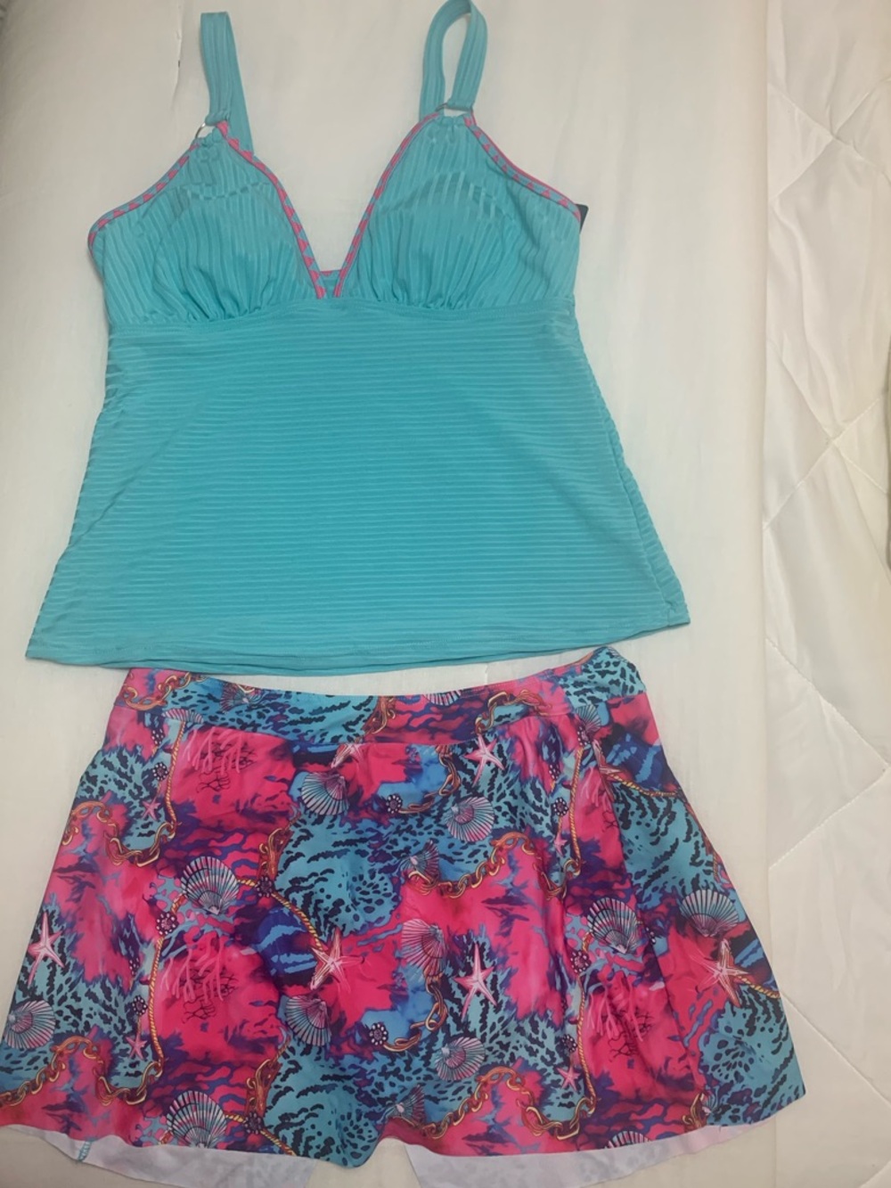 XL - Turquoise Tankini Top with Pink & Turquoise Patterned Swim Skirt
